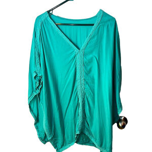 Turquoise V-Neck Lace Trim Poncho Swim Coverup Top approximate sz XL unbranded